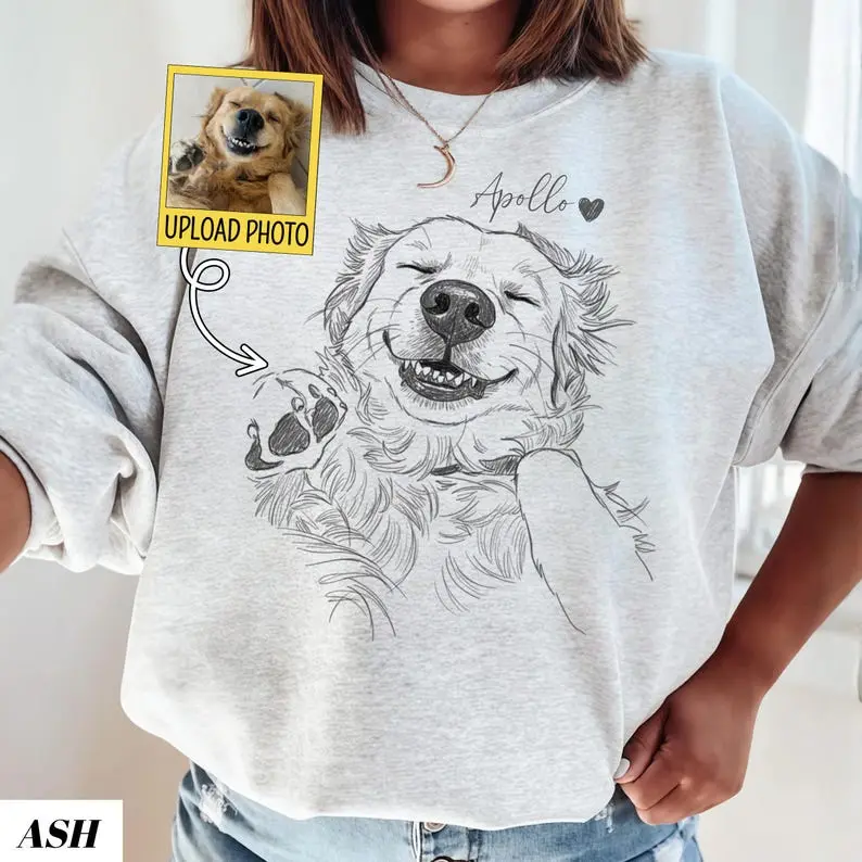 OneOfOne - Custom Dog Photo Sweatshirt, Dog Owner Xmas Gift, Personalized Pet Portrait from Photo, Custom Dog Cat Drawing Shirt, Pet Memorial Gift