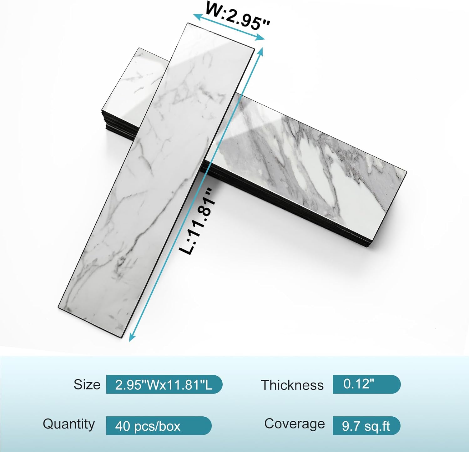 Vamos Tile 40-Piece Glossy Statury White Peel and Stick Backsplash Wall Tiles with Dark Gray Grout, 3" x 12" PVC Faux Stone Backsplash Tiles for Kitchen, Bathroom, Laundry Room, Camper, Fireplace