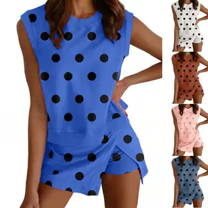 Mundoven Womens Polka Dot 2 Piece Outfits Summer Lounge Set Tank Split Mini Skort Workout Sets