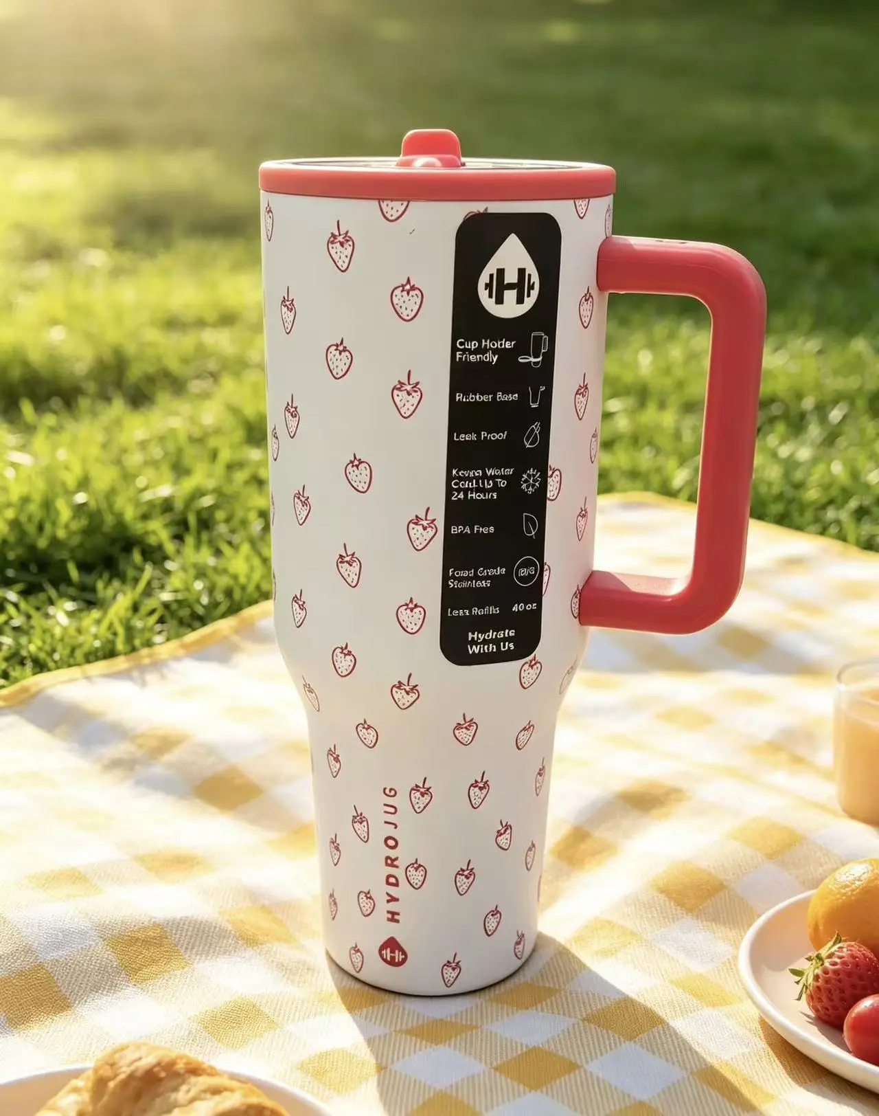40oz Dainty Red Strawberry Graphic HydroJug-Style Stainless Steel Water Bottle, Leak-Proof Flip Lid, Vehicle Cup Holder-Compatible, Washable Reusable Drinkware  Mug Portable Stylish Tumbler Bottled