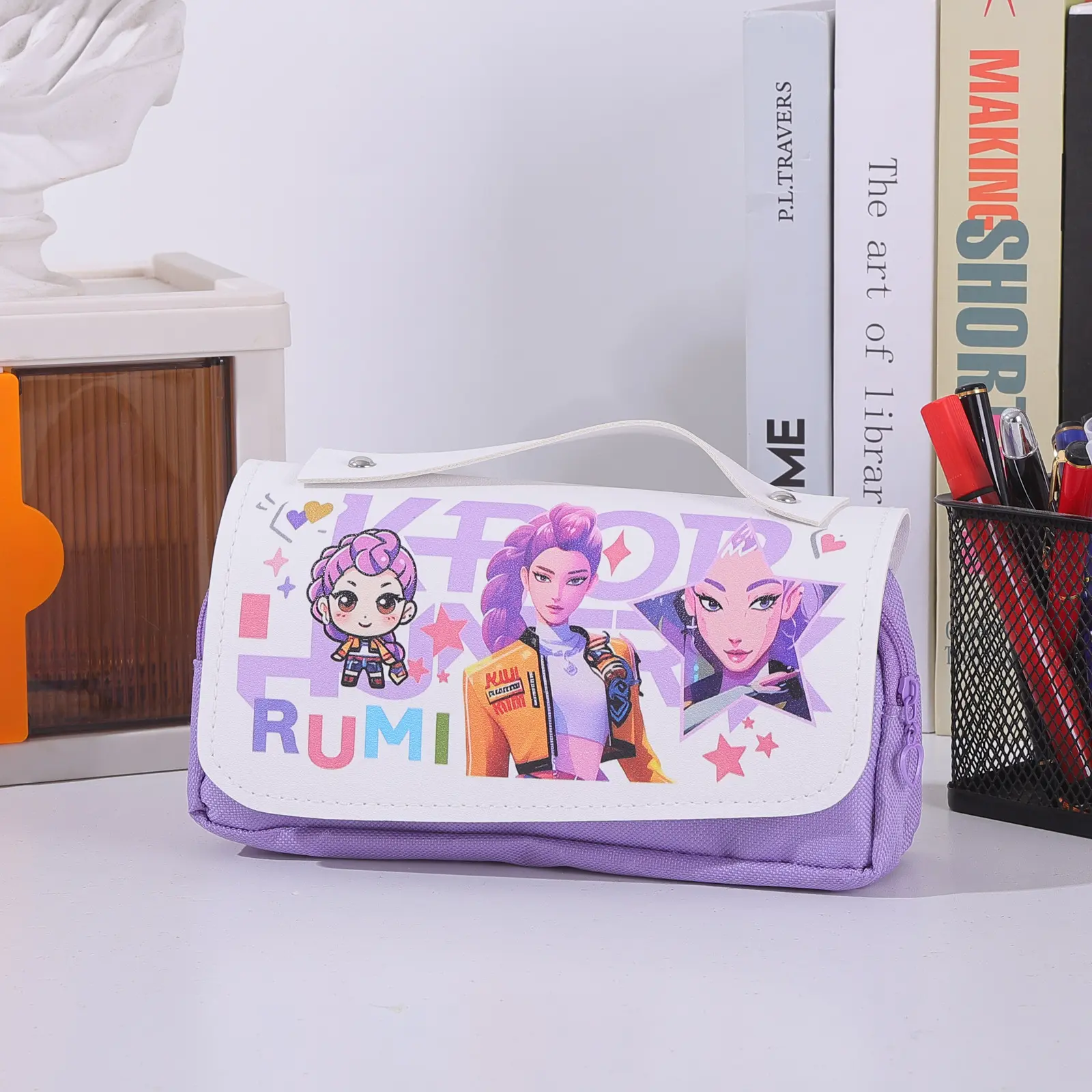 KPop Demon Hunters Themed Large-Capacity Pencil Case, Cartoon Anime Student Office Stationery Storage Pen Pouch