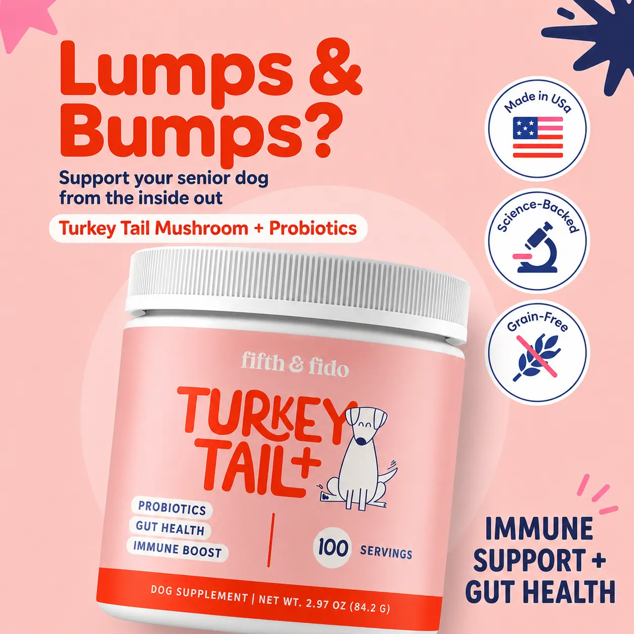 Fifth and Fido Turkey Tail-Reishi Mushrooms Dog Food Topper, Bacon Flavor, Probiotic Supplement, Universal for Dogs, Supports Immune & Gut Health, 500mg per Scoop, Made in USA