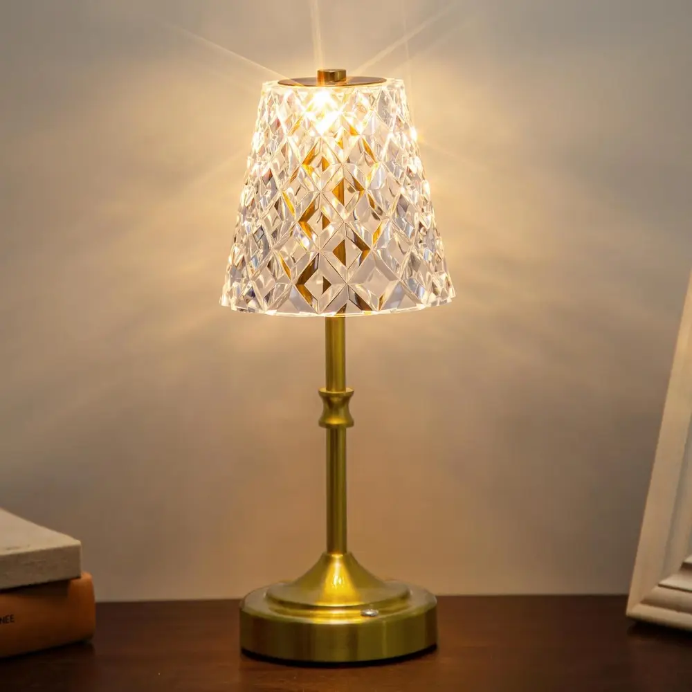 Crystal Cordless Table Lamp, 3 Colors, Built-in Dimmer, 5400mAh Battery Operated Rechargeable, Wireless Portable Lamp for Bedroom, Living Room, Kitchen, Acrylic Diamond LED Gold Lamp