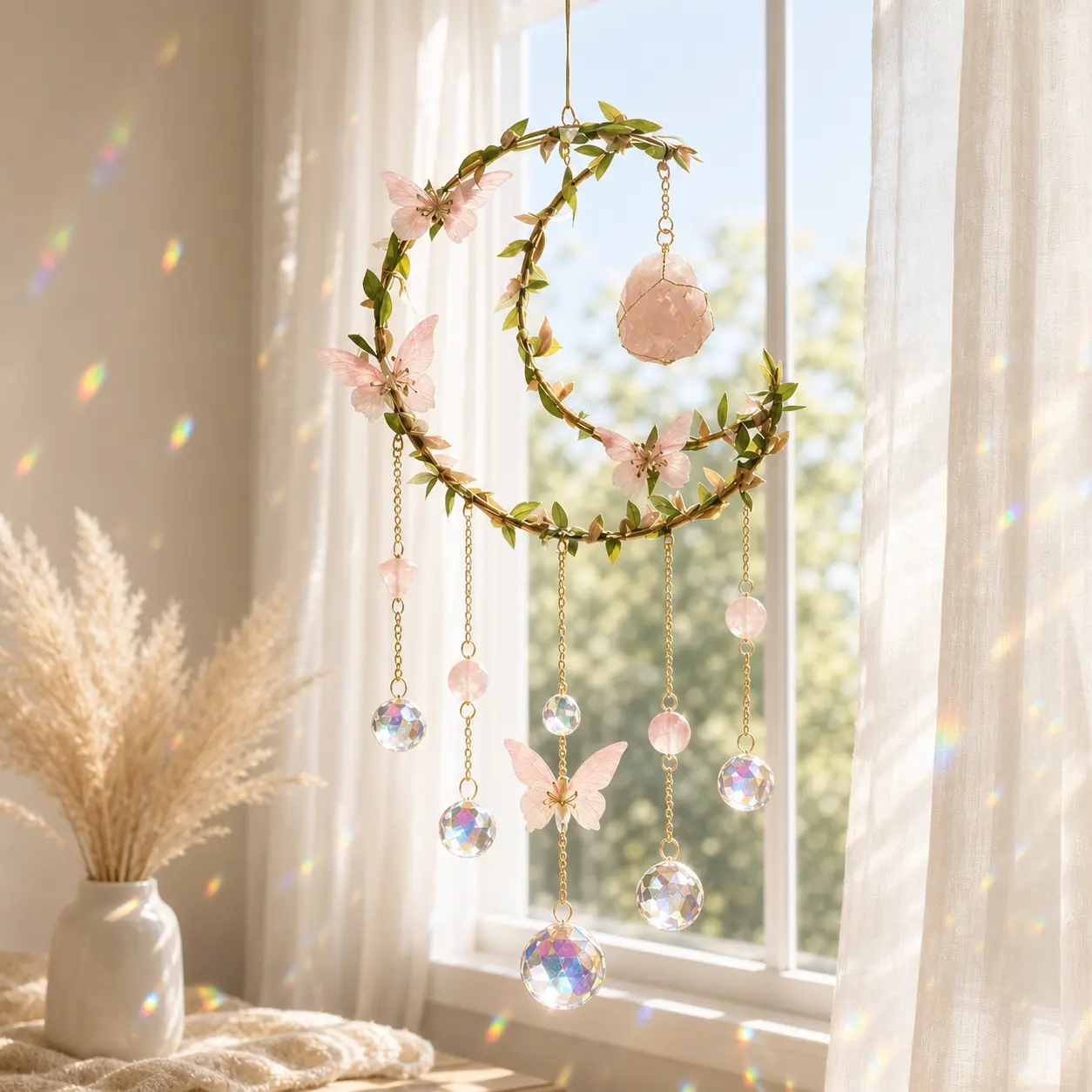 Handmade Crystal Moon Suncatcher with Rose Quartz Stone – Butterfly Sun Catcher, Rainbow Maker Window Hanging, Boho Celestial Décor, Gift for Her