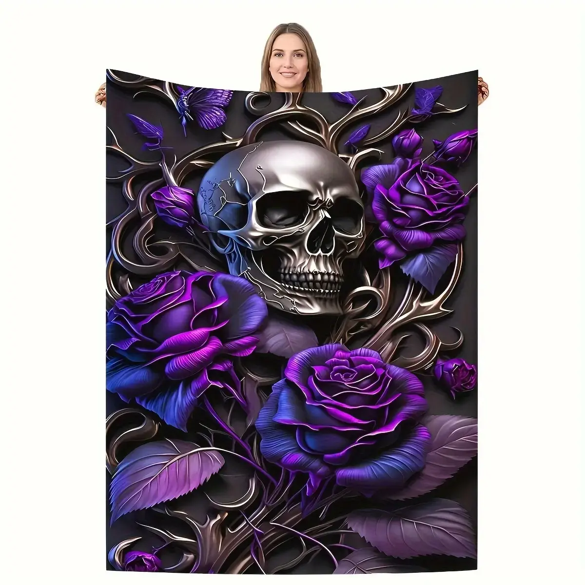 1-Piece Warm Cozy Flannel Blanket, Elegant Rose Floral Print Soft Texture Multi-Size Throw, Lightweight All-Season Cover for Office & Camping, Practical Decor Gift