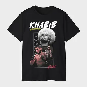 Khabib Nurmagomedov White Brush Script T-Shirt - Papakha Hat Multi Image UFC Vintage MMA Graphic Tee