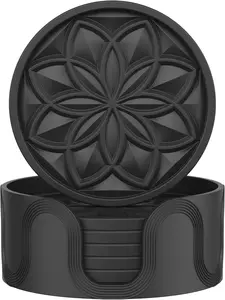 Silicone Coasters Set with Holder - 6 Pack Drink Coasters for Coffee Table, Bar, Desk - Tabletop Protection Gift - Black