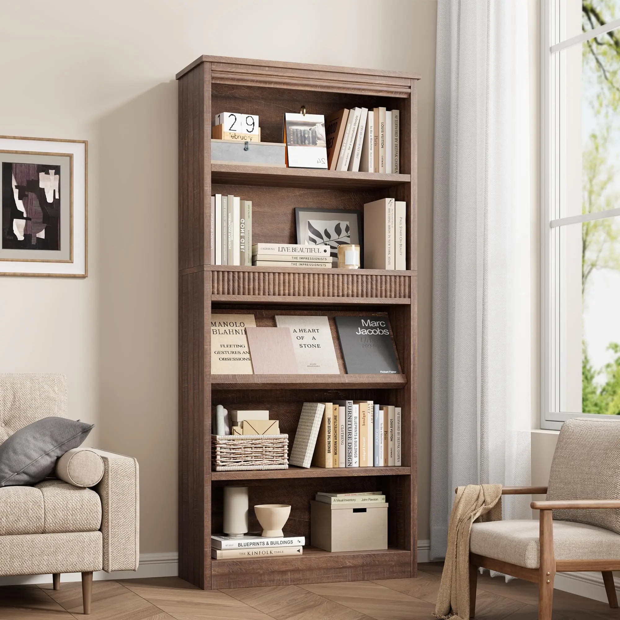 71 in Farmhouse Bookcase w/Display Rack & Fluted Design, 5 Tier Tall Bookshelf, Wood Bookshelf Vintage Book Shelf for Office Library Brown pantry  cabinet tier bookcase