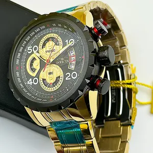 Invicta Men's Aviator Pilot Watch — Gold Case, Black Compass Dial, Spiked Bezel — Authentic Rare Find, New in Box
