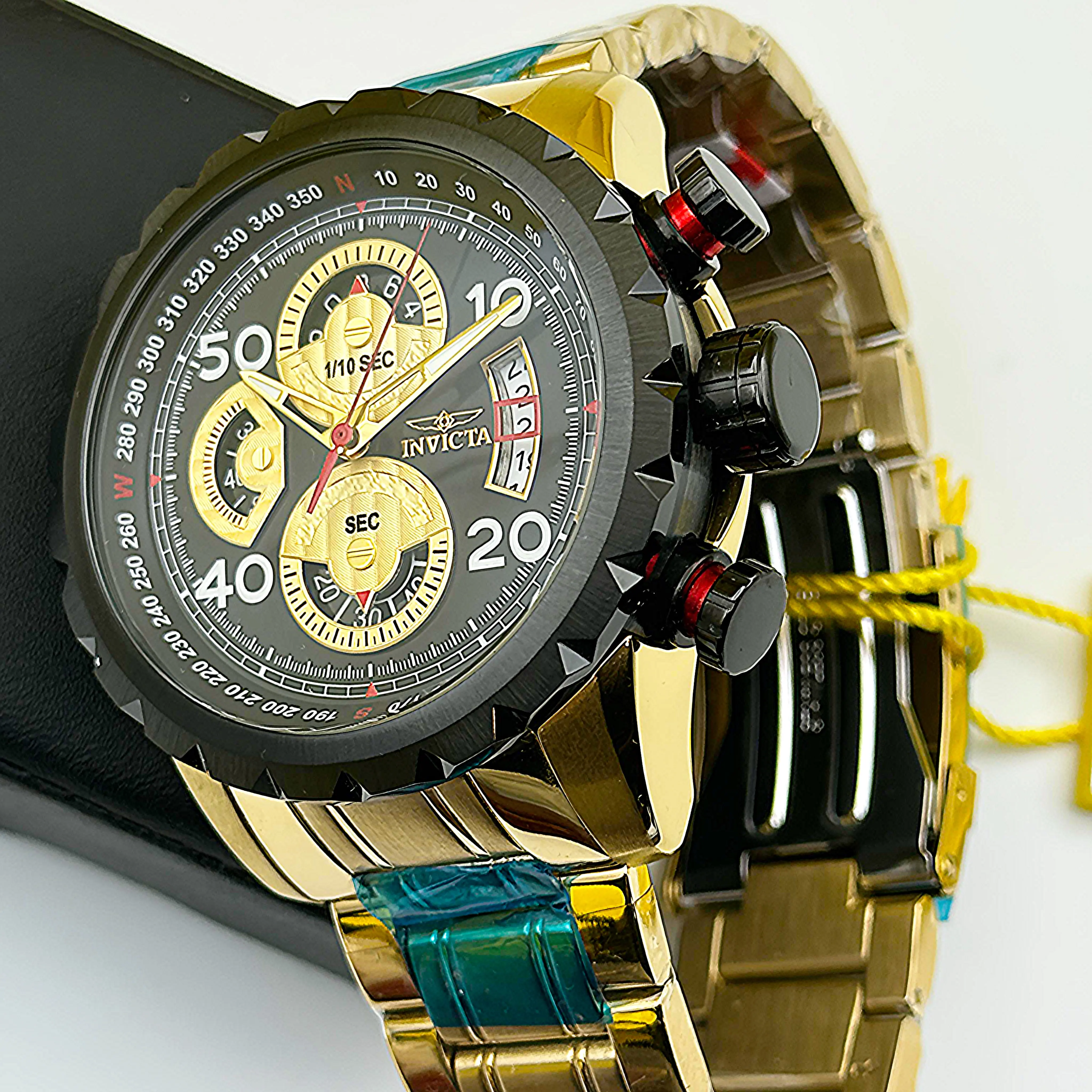 Invicta Men's Aviator Pilot Watch - Gold Case, Black Compass Dial, Spiked Bezel - New in Box, Authentic Rare Find, Aviation-Themed, Chronograph, Glow-in-the-Dark, Gold-Coated, Masculine Quartz Watches, Aviation-Themed Quartz Watches