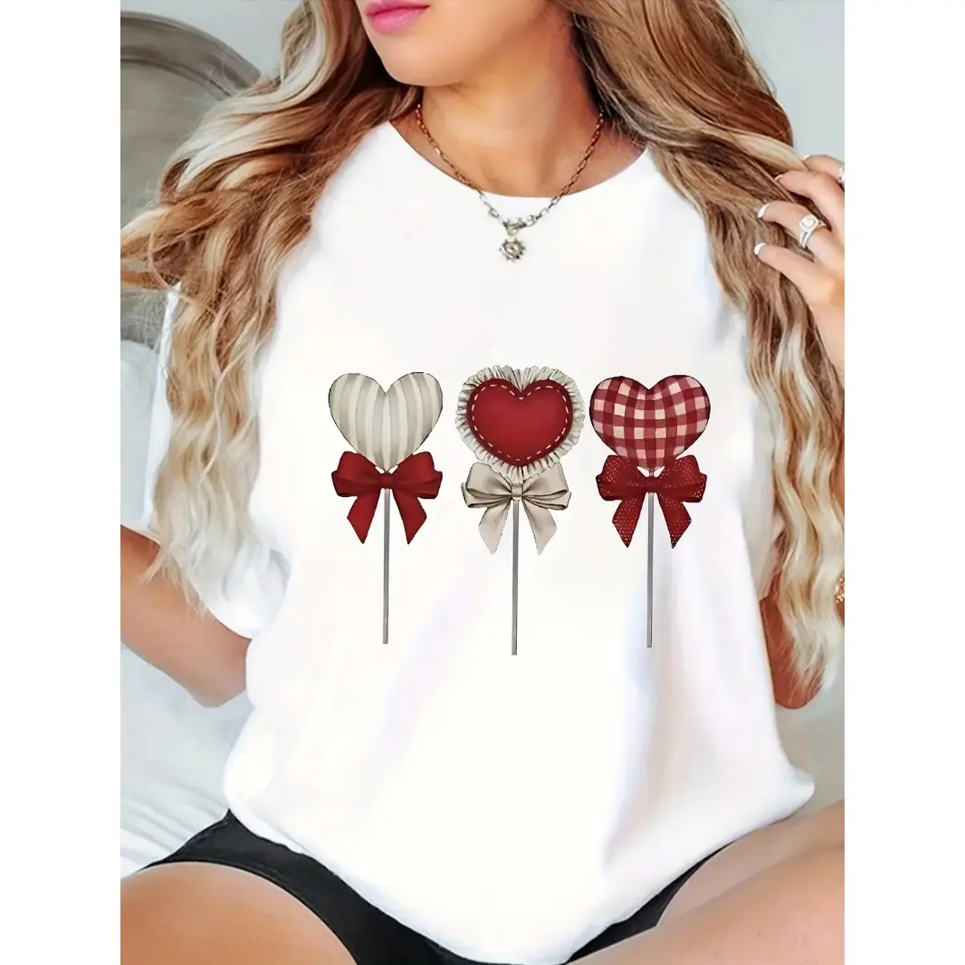 Womens Cotton Short Sleeve Graphic Tee Heart Lollipop Print Cute Valentine Day Shirt Soft Breathable Casual Summer Top For Vacation Brunch Date Night