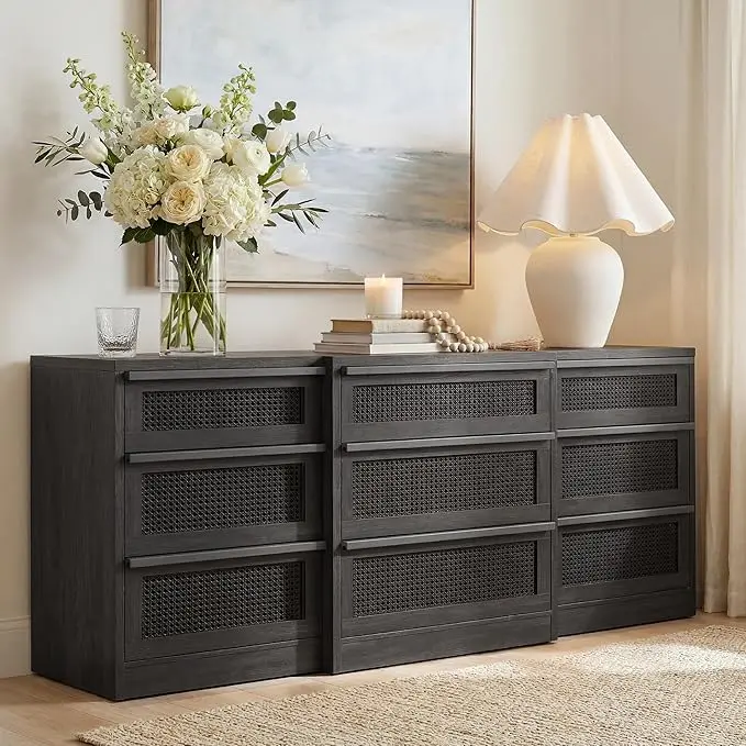 STO'SENSE 9 Drawers Dresser for Bedroom, 63" Wide Rattan Dressers, Large Chest of Drawers for Bedroom, Dresser TV Stand