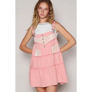POL Lace Patchwork Detail Denim Overall Dress