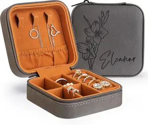 (SPECIAL PROMOTION) Custom Leather Jewelry Box w/Name & Birth Flower Month - Birthday Gifts for Women, Personalized Jewelry Travel Case - Customized Jewelry Organizer Box, Mom Birthday Gifts - Gray Daughter Faux
