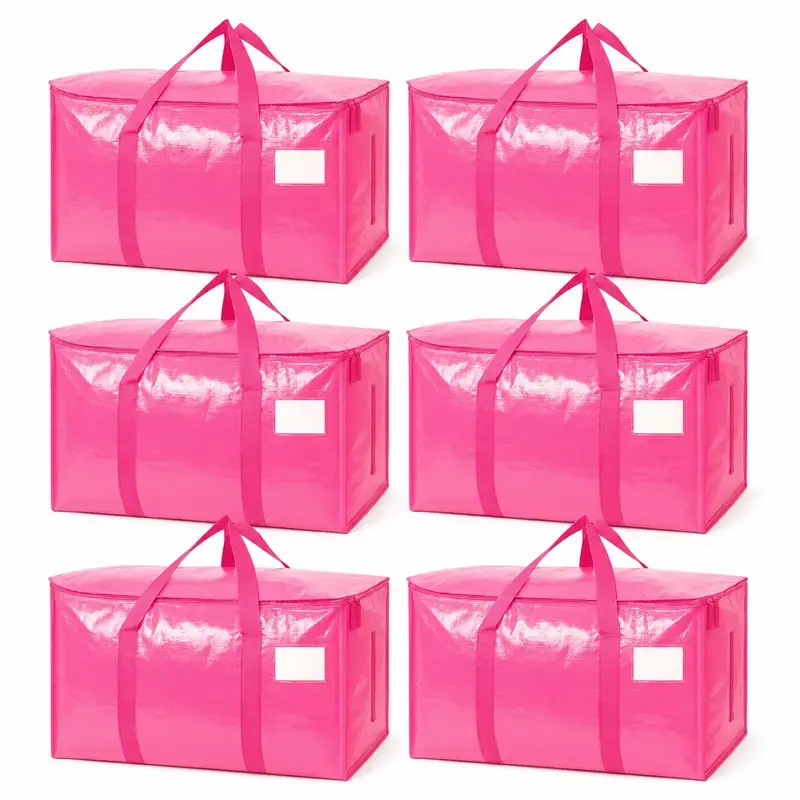 6 Pack Hot Pink Moving Storage Bags, Heavy Duty Zipper Tote Organizer Bags with Handles, Large Capacity Clothes Storage Containers, Foldable Luggage Totes for Moving, Travel, Closet Blanket & Quilt Storage