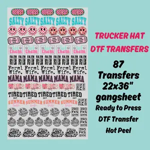 Trucker Hat DTF Gang Sheet 87 Transfers 22x36" Gangsheet Summer Transfer Beach & Lake DTF Print Fitted Hat Ready for Press Hot Peel