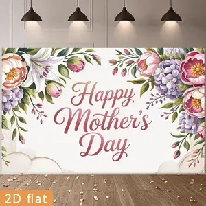 2D Flat - 2D Flat - 1pc 2D Flat Mother'S Day Banner | Heartfelt Watercolor Floral Backdrop with Blush Pink Peonies, Lavender Hydrangeas, and White Lilies, Polyester, Easy to Hang for Party D