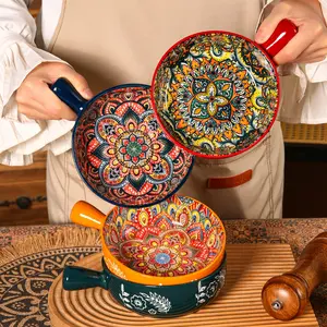 Boho Ceramic Bowl with Handle, Multicolor Bohemian Porcelain Salad Pasta Dessert Serving Bowls, Ceramic Pasta Bowls, Microwave & Dishwasher Safe, Perfect Gift