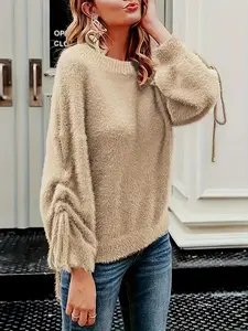 【Plus Size】 Solid Fuzzy Sweater, Casual Long Sleeve Round Neck Jumper for Fall & Winter, Women's Plus Clothing for Daily Wear