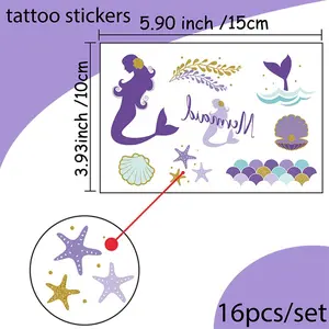 16pcs Mermaid Ocean Tattoo Stickers, Cute Animal Shell Designs, Waterproof Face Arm Tattoos, Perfect for Birthday Party Dance Events