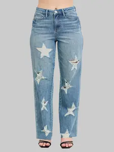 Judy Blue High Waist  Rigid Magic Star Shaped Destroy 90's Straight Jeans
