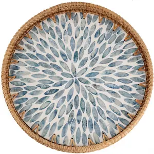 Round Rattan Tray with Mother of Pearl Inlay Decorative Wicker Serving Tray for Coffee Bread Fruits Table Home Kitchen Island Decor Light Blue Leaf 11.8"