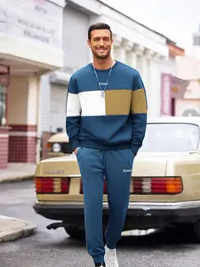 Men's Colorblock Print Sweatshirt & Pants Loungewear Two-piece Set, Casual Comfy Long Sleeve Pullover & Jogger Pants, Men's Sleepwear for Spring & Fall, Nightwear Loungewear Set