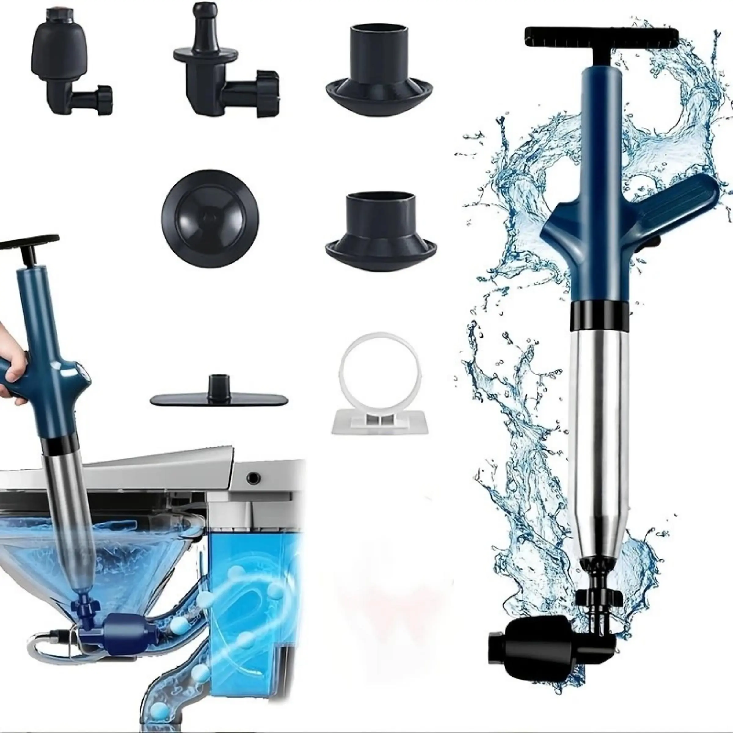 Toilet Unclogging Kit, 9 Counts/set High Pressure Air Drainer & Real-time Air Pressure Gauge for Powerful Pipe Unclogging, Bathroom Gadget & Drain Cleaning Tool, Bathroom Accessory
