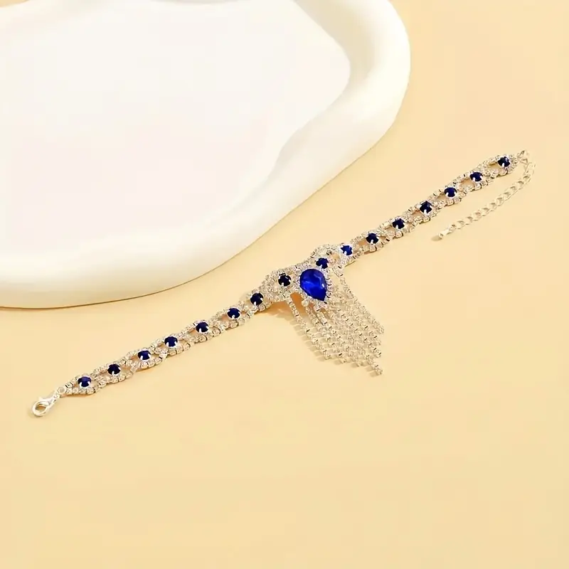 Women's Stainless Steel Anklet - Elegant Blue Rhinestone Tassel Jewelry, Adjustable Tarnish-Free Accessory for Birthday, Mother's Day, Thanksgiving, Any Occasion, 22 + 5 Cm, Wedding