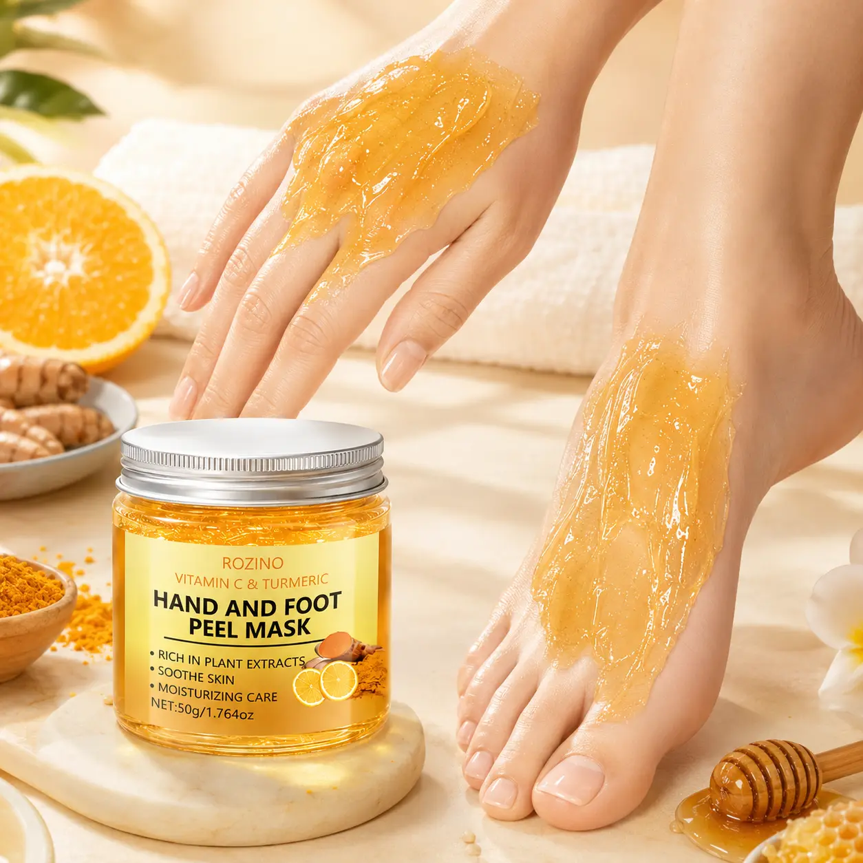 ROZINO Deep Moisturizing Care Hand & Foot Peel Mask, Vitamin C & Turmeric Hydrating Peel-Off Mask for Dry, Rough Skin, 50 g