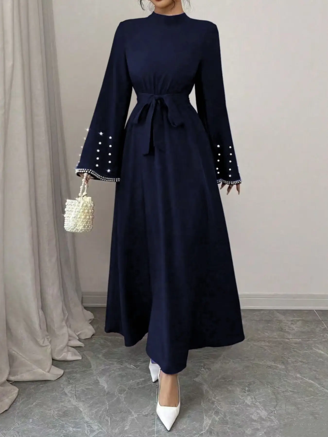 Women's Faux Pearl Decor Belted Dress, Elegant Long Sleeve Dress for Vacation Holiday Wedding Guest, Ladies Clothes for All Seasons