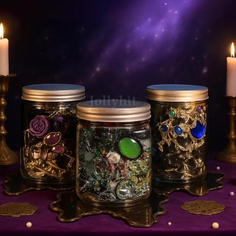 【Color-Themed】Jollyhit Light Goth Witch Mystery Jewelry Jar – 30 pcs Costume Jewelry Blue Green Purple Rings, Necklaces, Earrings & Bracelets Set daily gift surprise gothic box