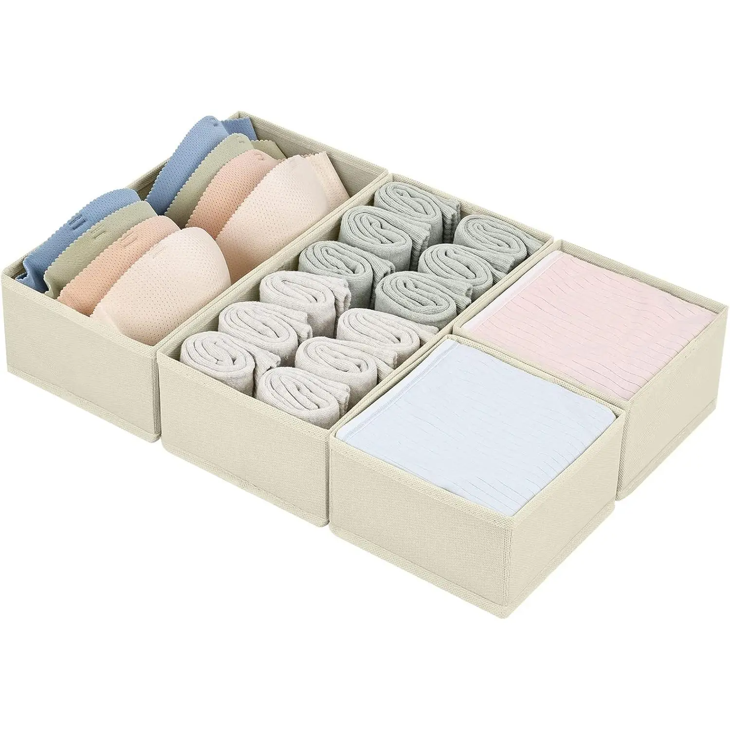 Drawer Organizers Clothes, Dresser Organizer Bins for Baby Clothes,Underwear and Sock, Fabric Closet Organization and Storage Boxs, Drawer Dividers for Nursery, Clothing, Tie - 4 Pack, Beige