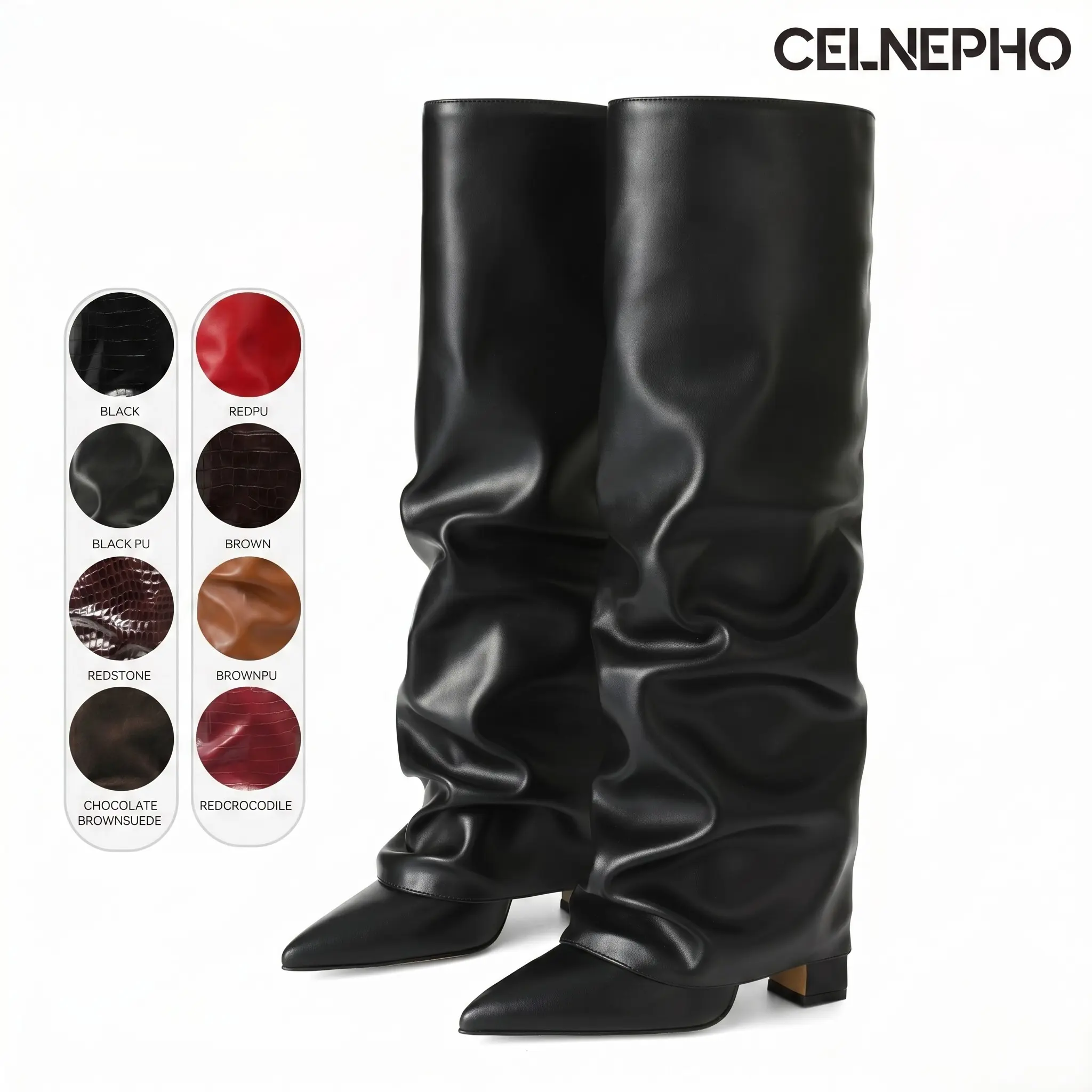 CELNEPHO Tall Boots for Women Pointed Toe Chunky Block Heel Knee High Boot Fold Over Slouchy Design Fashion Booties Easy Pull on Tall Boot Date Outdoor Party Everyday Wear Dress Shoes