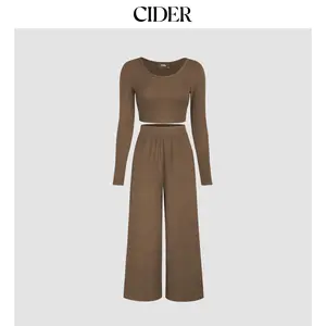 Cider [10 colors, size 0-26] Solid Knitted Crop Top &  Wide Leg Trousers Set