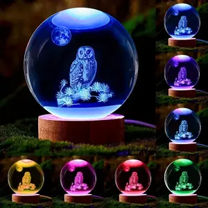 3D Owl Crystal Ball Colorful Laser Engraved Night Light Ambiance Lighting, Holiday Gift for Friends Colleagues Wife Parents, Christmas Valentine's Day Home Decor, Decorative Light