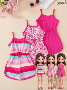 Girls' three-piece romper set, halter-neck romper, bright Barbie pink, sweet princess style, best-selling item, the perfect gift for a girl, perfect for Easter, casual and versatile.