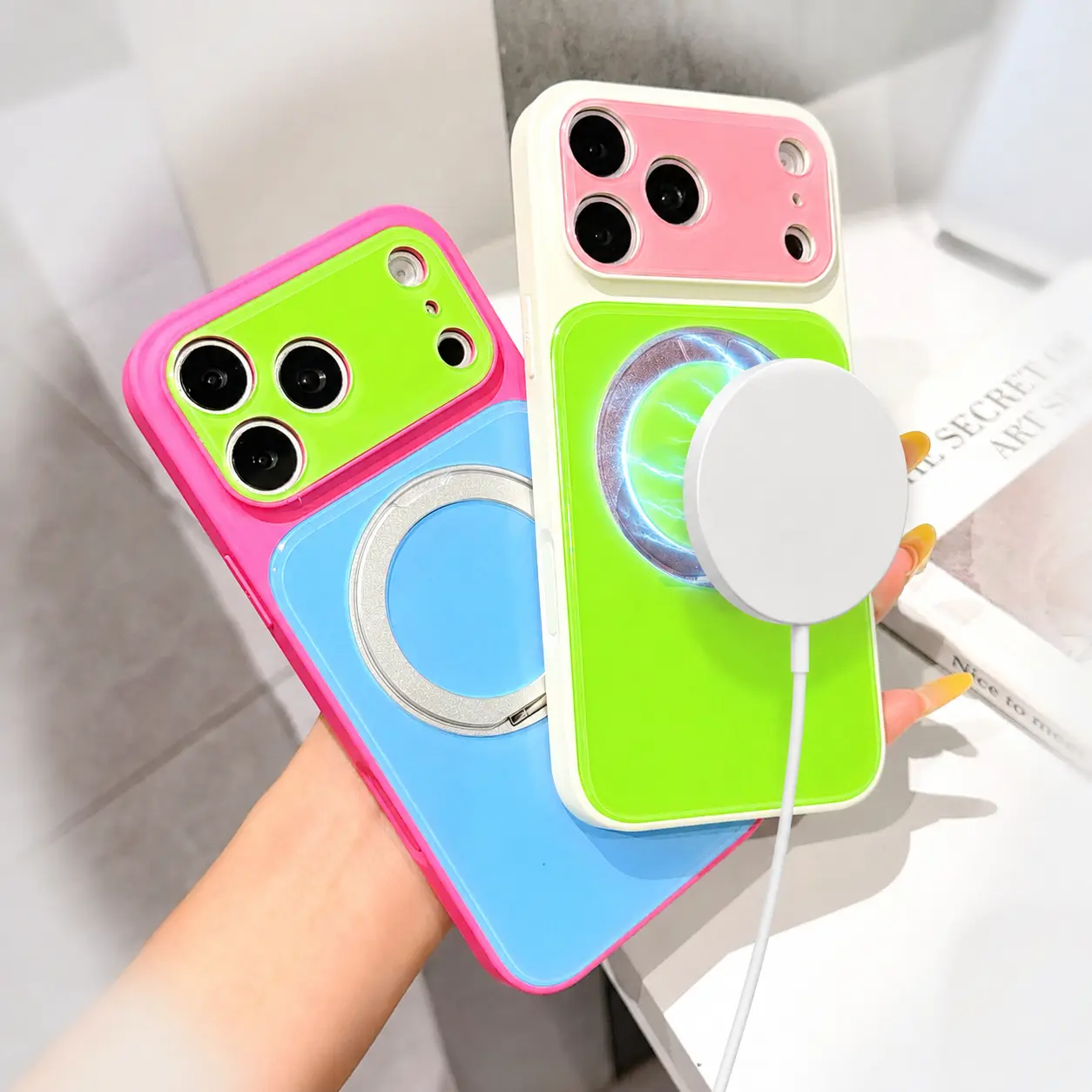 Color Block Acrylic Protective Phone Case for iPhone 17/16/15/14 Pro Max iPhone Series, with 360° Rotating Ring Stand, Glossy Hard Back Cover, Slim Shockproof Design, Mobile Phone Accessories