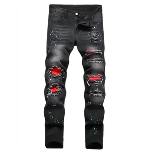 Summer streetwear fashion designer splashes ink, hand-painted holes, red patch embroidery, elastic slim fit small straight leg pants, black men's jeans