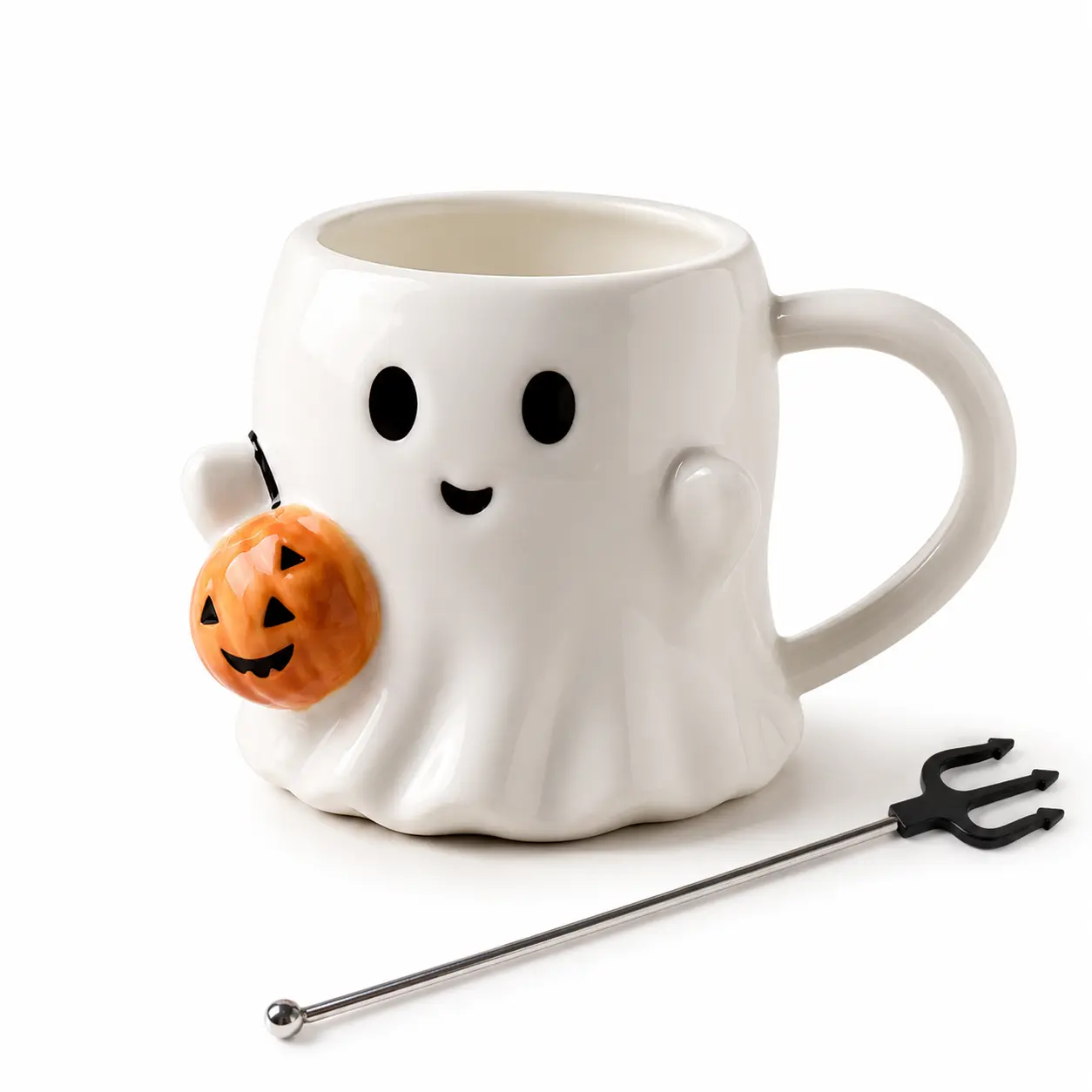 20oz Halloween Pumpkin Ghost Mug with Ghost-Shaped Stirring Fork, 3D Cute Ceramic Coffee Cup, Large-Capacity Spooky Season Drinkware for Coffee, Tea & Cocoa, Gift for Couples, Adults & Kids