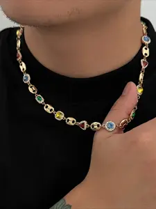 Men's Gold Colorful Gem Necklace & Bracelet Set Trendy Crystal Jewelry for Streetwear Unisex Bling Choker MensJewelry GoldJewelry