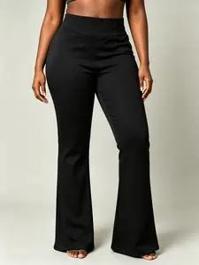 Solid Color Tummy Control Butt Lifting Flare Pants, Black Mid-Rise Peach Hip Yoga Pants