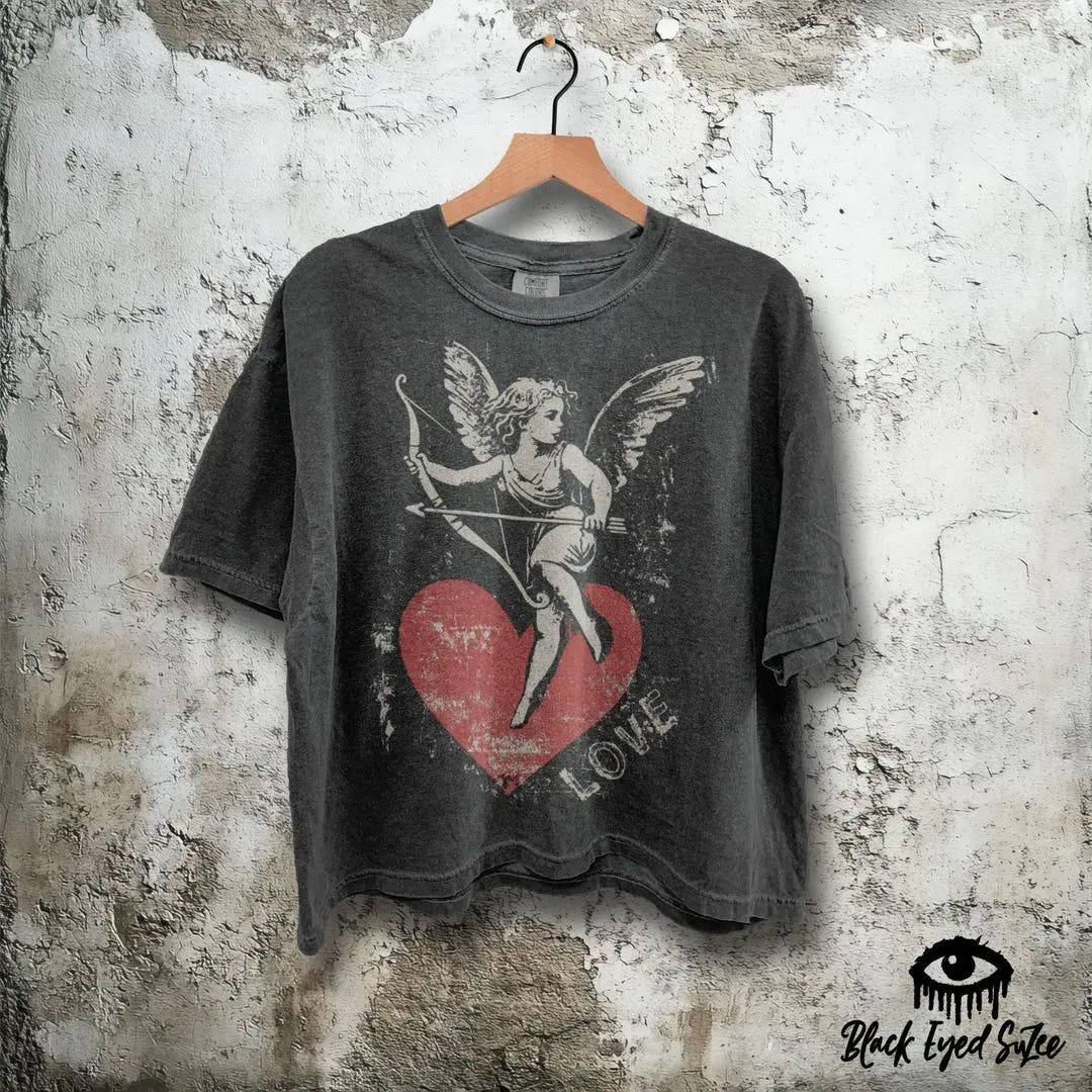 Vintage Heart Cherub Love Shirt - Large Graphic Cropped T-Shirt – Womens Comfort Colors Boxy Crop Tee in Pepper - Valentine's Day Cotton Fitted