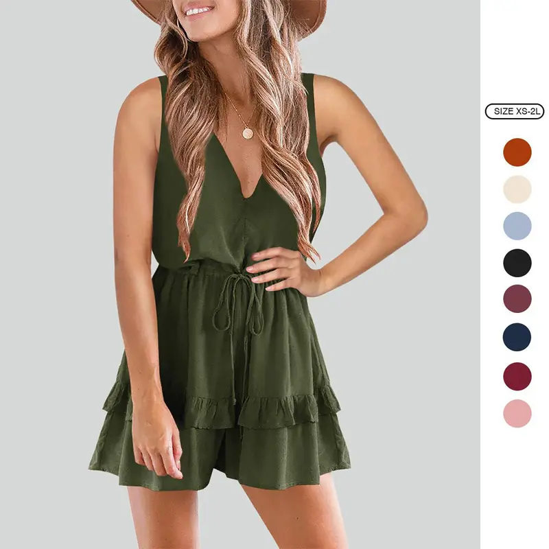 Imily Bela Womens V Neck Sleeveless Jumpsuit Beach Tank Rompers Flowy Ruffle Layered Playsuit RB6104