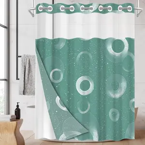 1pc hookless shower curtain with buckle lining, green background with white circle pattern design, 2D flat printing, fabric waterproof lining, see-through double-layer shower curtain, 71 x 74 inches, modern home draping curtain, Shower Curtain Liner