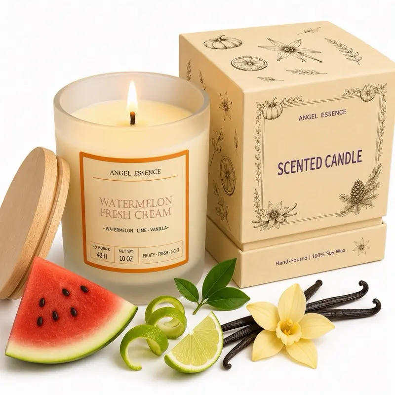 10 oz Hand-Poured Natural Soy Wax Decor Candle - Fragranced Watermelon Fresh Cream Scent with Lime, Vanilla, Cotton Wick - Aromatherapy Room Freshener for Home Decor