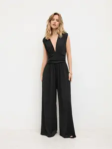 V-neck Ruched Solid Wide Leg Jumpsuit