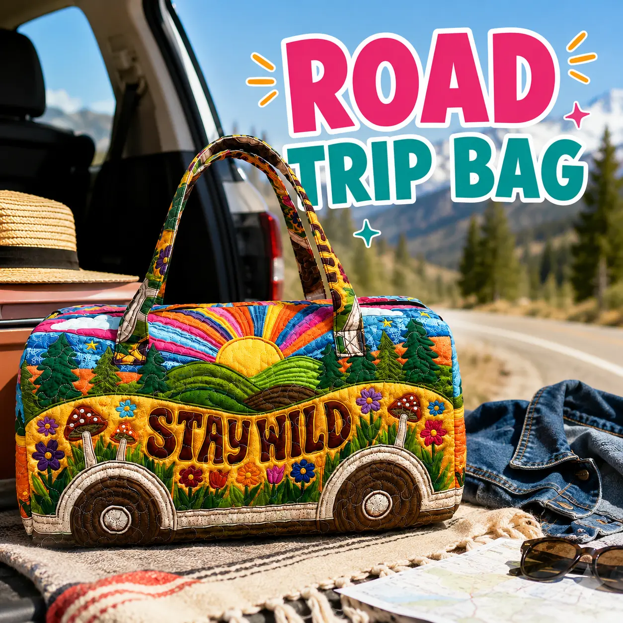 Colorful Quilted Weekender Duffel Bag, “Stay Wild” Boho Travel Carryall, 21×10×10 in Road Trip Overnight Bag for Beach, Camping & Festival