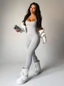 Seamluxe Women's Seamless Rib-Knit Jumpsuit - Sleeveless Scoop Neck Backless High-Waist Yoga Unitard Grey Stretchy Studio-Ready