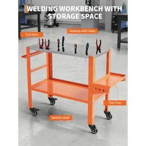 1200 lbs Heavy Duty Welding Table – 36" x 18" Steel Top, Lockable Casters, Tool Tray & Rack, 4 Tool Holders, 5/8" Fixture Holes, Ideal Workbench for Welding & Repairs